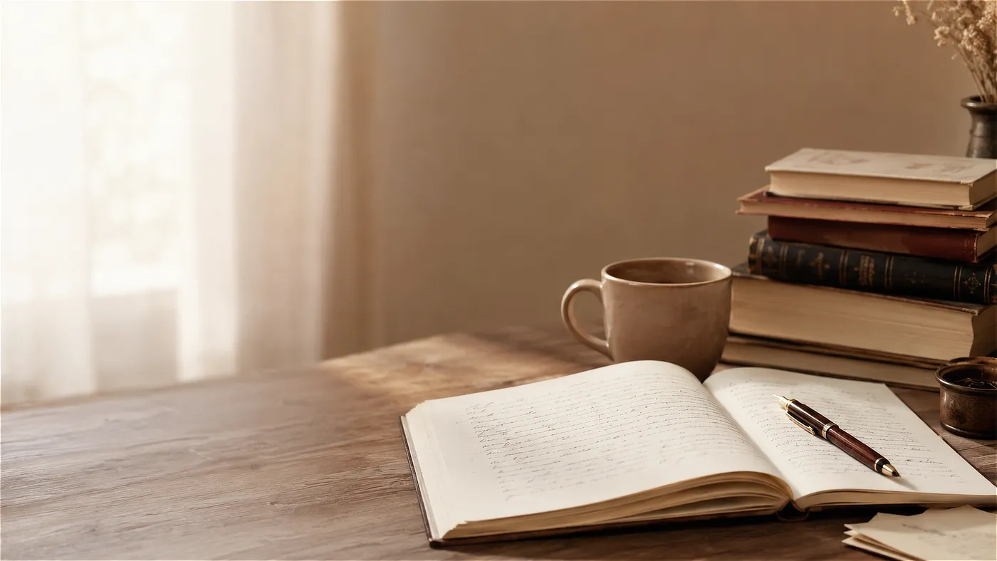 Bureau chaleureux avec tasse, stylo et manuscrit
